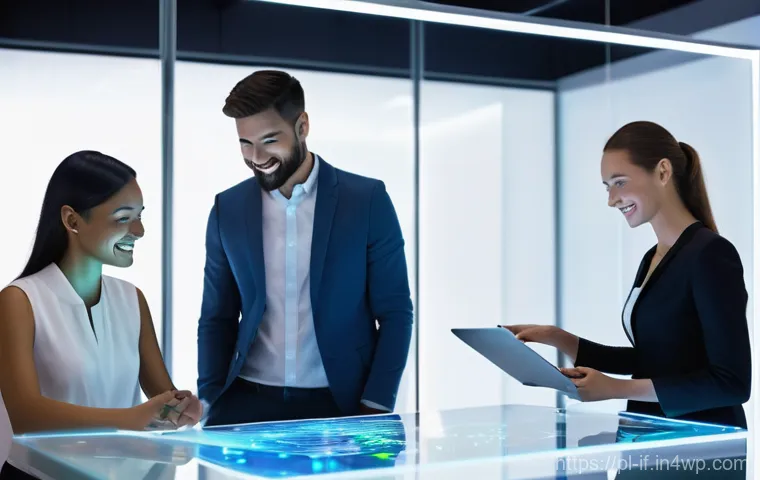 자격 증명 관리의 발전 방향 - **Prompt:** "A brightly lit, futuristic minimalist office environment. A diverse group of young prof...