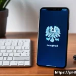 Home 21 인증 기술의 사용자 친화성 - A modern Polish user logging into a mobile banking app on a sleek smartphone, using fingerprint auth...