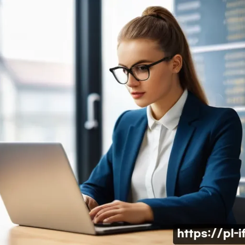 사용자 데이터의 보호를 위한 최선의 방법 - A modern Polish office setting with a young professional woman using a laptop, focused on creating a...