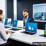 Home 19 신뢰할 수 있는 인증 플랫폼 추천 - A modern office scene in Poland showcasing a diverse group of professionals using advanced identity ...