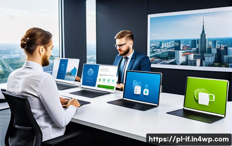 신뢰할 수 있는 인증 플랫폼 추천 - A modern office scene in Poland showcasing a diverse group of professionals using advanced identity ...