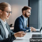 Home 18 인증 방법의 지속적인 발전 - A high-tech modern office scene featuring a diverse group of Polish professionals using biometric au...