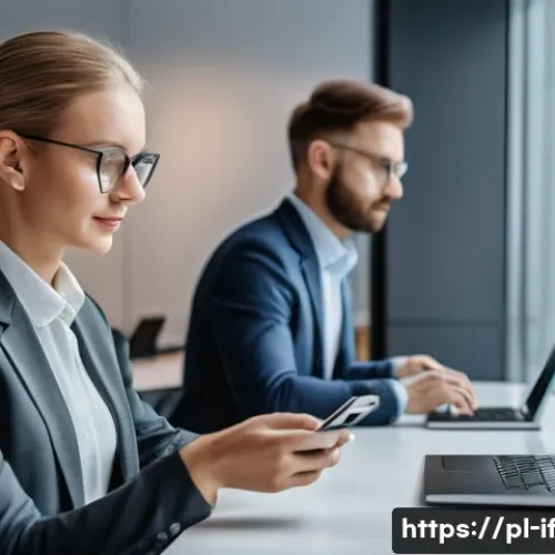 Home 30 인증 방법의 지속적인 발전 - A high-tech modern office scene featuring a diverse group of Polish professionals using biometric au...