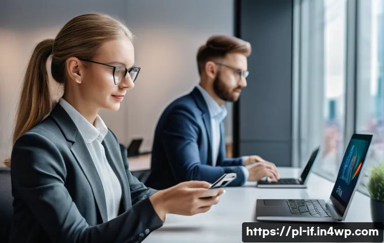 인증 방법의 지속적인 발전 - A high-tech modern office scene featuring a diverse group of Polish professionals using biometric au...