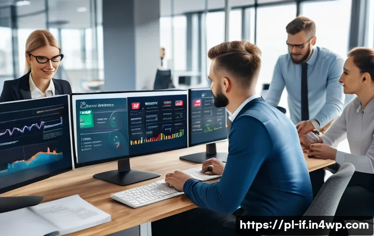 패스워드 보안의 역사와 발전 - A modern digital workspace scene showing a diverse group of Polish IT professionals collaborating ar...