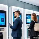 Home 19 디지털 인증의 진화와 발전 - A modern Polish bank interior with a diverse group of customers using biometric authentication devic...