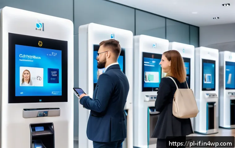 디지털 인증의 진화와 발전 - A modern Polish bank interior with a diverse group of customers using biometric authentication devic...