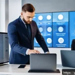 Home 18 포스트 패스워드 시대의 보안 위협 - A modern Polish office environment showcasing a diverse group of professionals using various biometr...