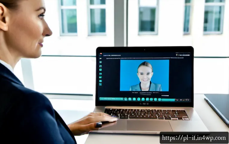 포스트 패스워드 시대의 경쟁력 - Photorealistic modern Warsaw office, confident Polish businesswoman using a smartphone with facial r...